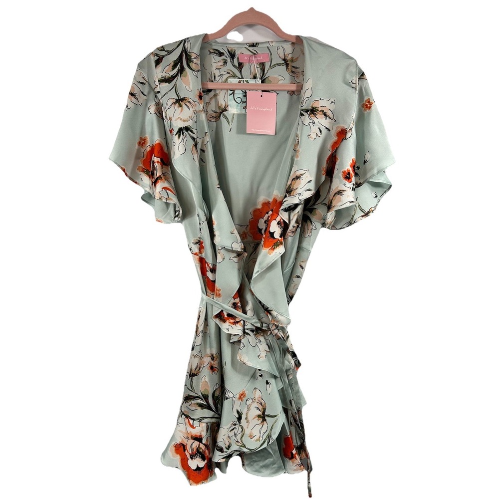 JJ's Fairyland Floral Satin Wrap Dress L Sage Boho Cottagecore Garden‎ Party New